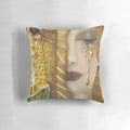 Decorative pillow featuring Gustav Klimt's iconic golden 'Girl with Eyes' masterpiece