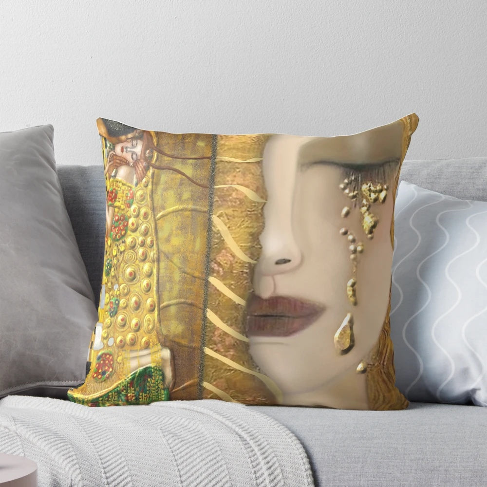 Decorative pillow featuring Gustav Klimt's iconic golden 'Girl with Eyes' masterpiece
