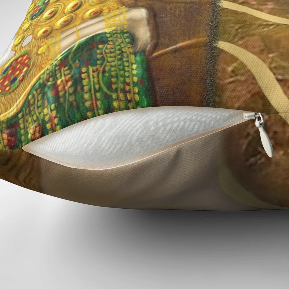 Decorative pillow featuring Gustav Klimt's iconic golden 'Girl with Eyes' masterpiece