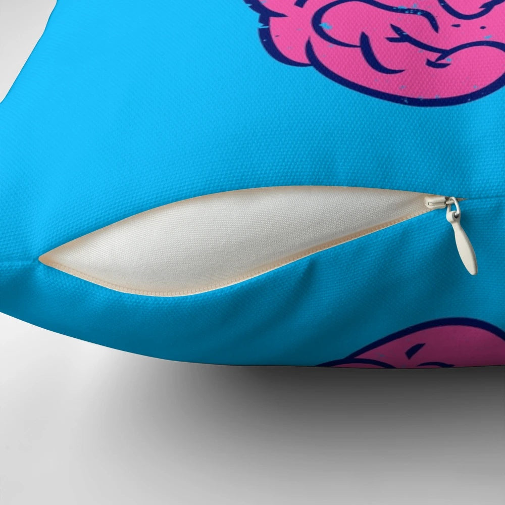 Cozy knitted brain shaped pillow in pink and white colors