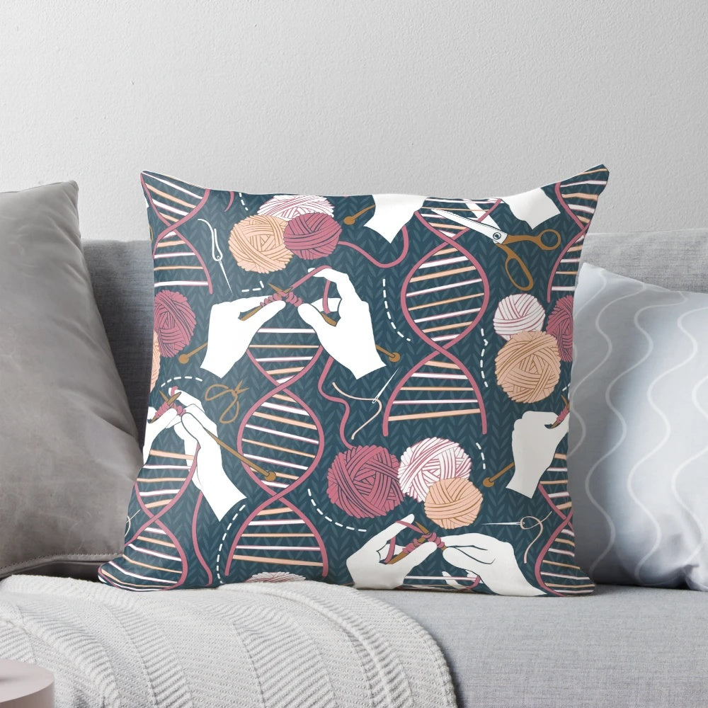 A decorative pillow featuring a knitted DNA double helix design in shades of blue, bordeaux, and pink.