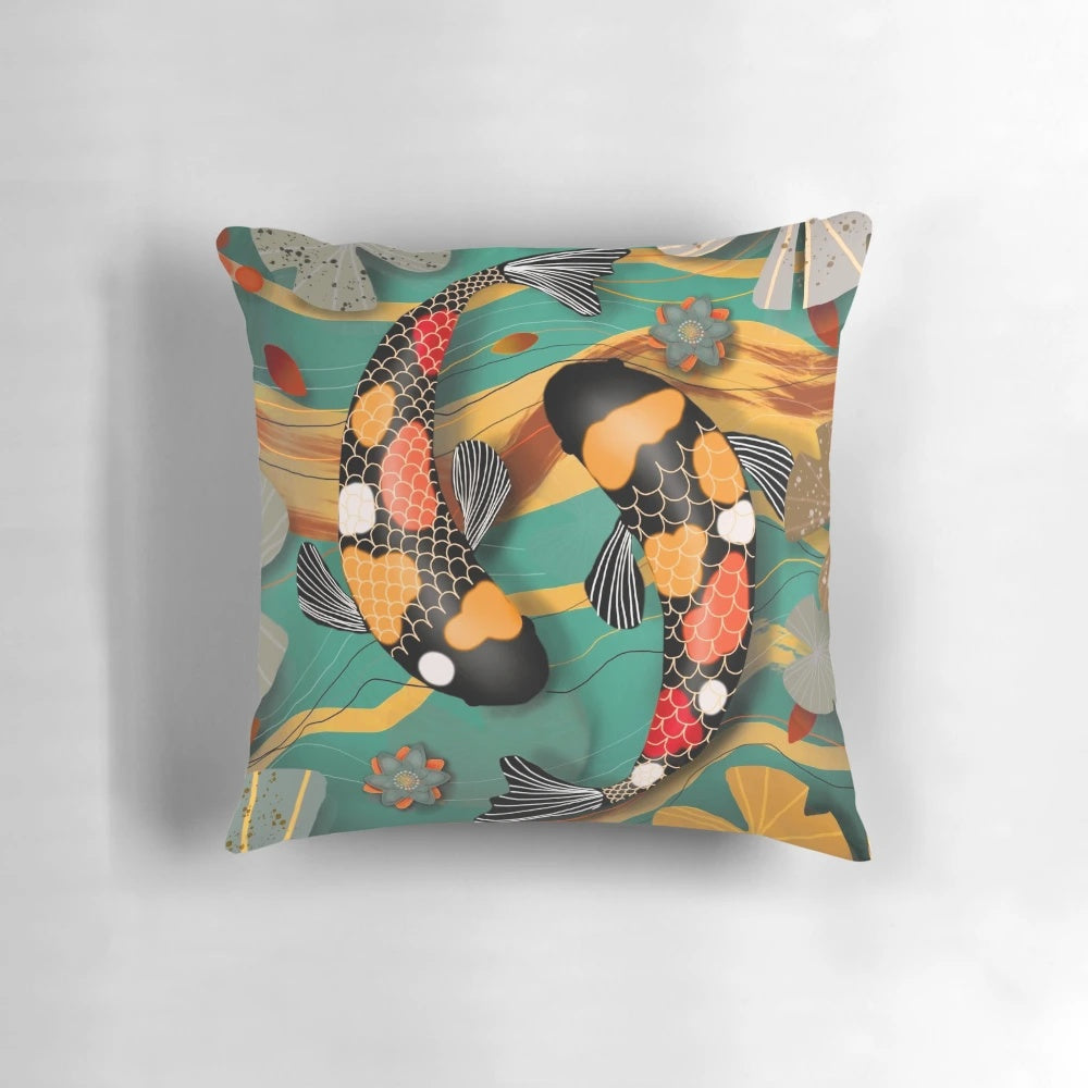 Koi Watergarden Jade Pillow featuring a serene design of koi fish swimming in a jade-colored water garden