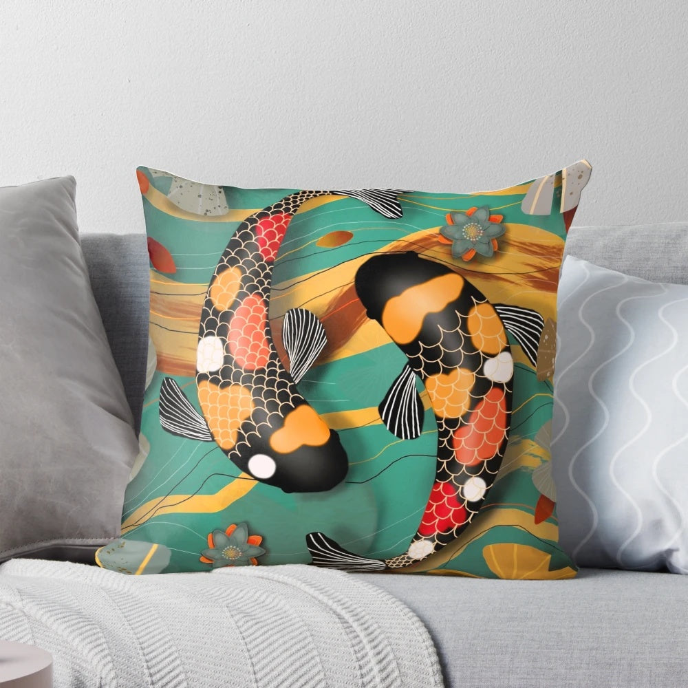 Koi Watergarden Jade Pillow featuring a serene design of koi fish swimming in a jade-colored water garden