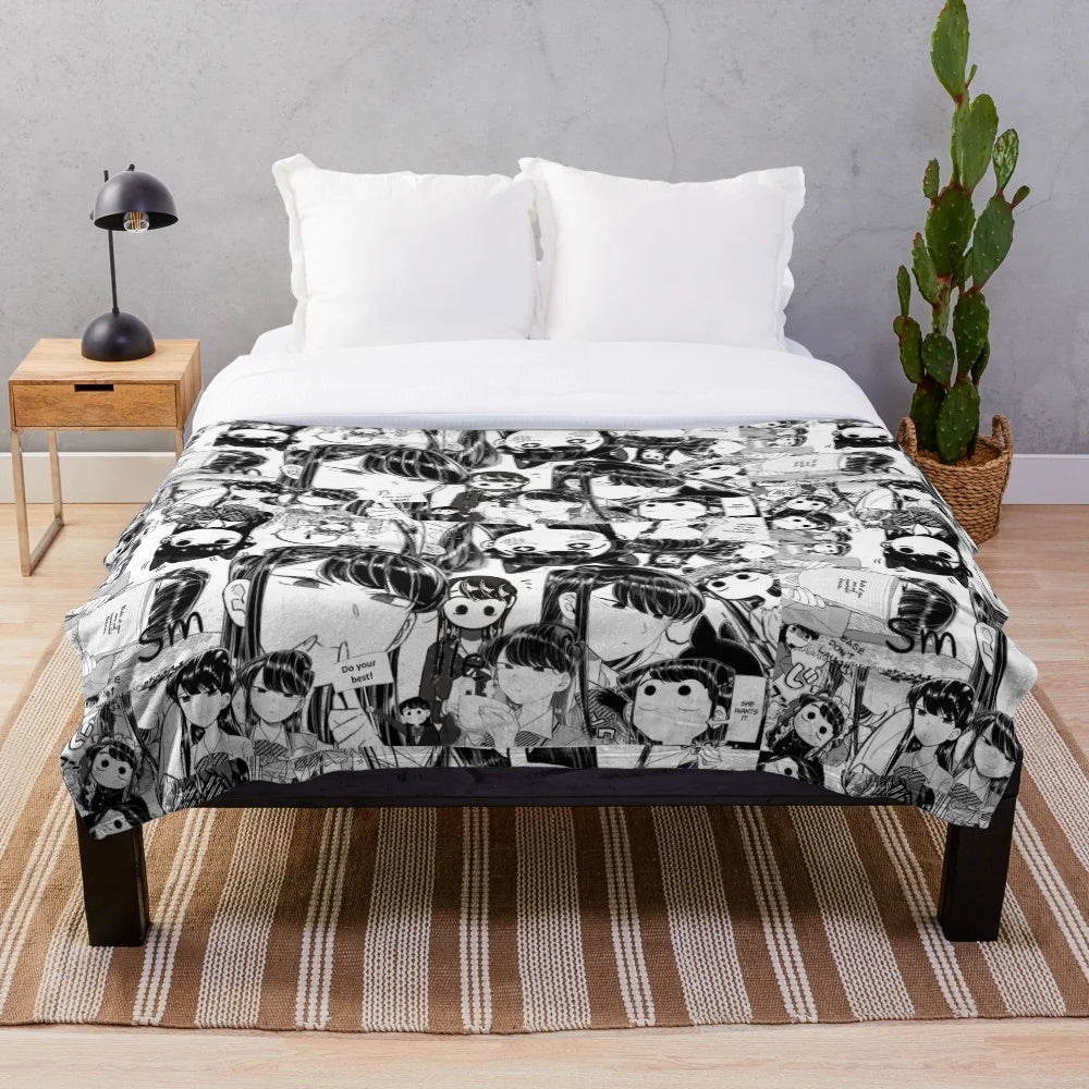 Komi San inspired plush blanket with anime and manga collage design