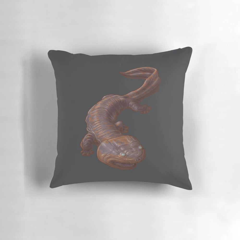 Pillow featuring a digital illustration of the extinct Koolasuchus cleelandi, a Cretaceous-era temnospondyl amphibian.