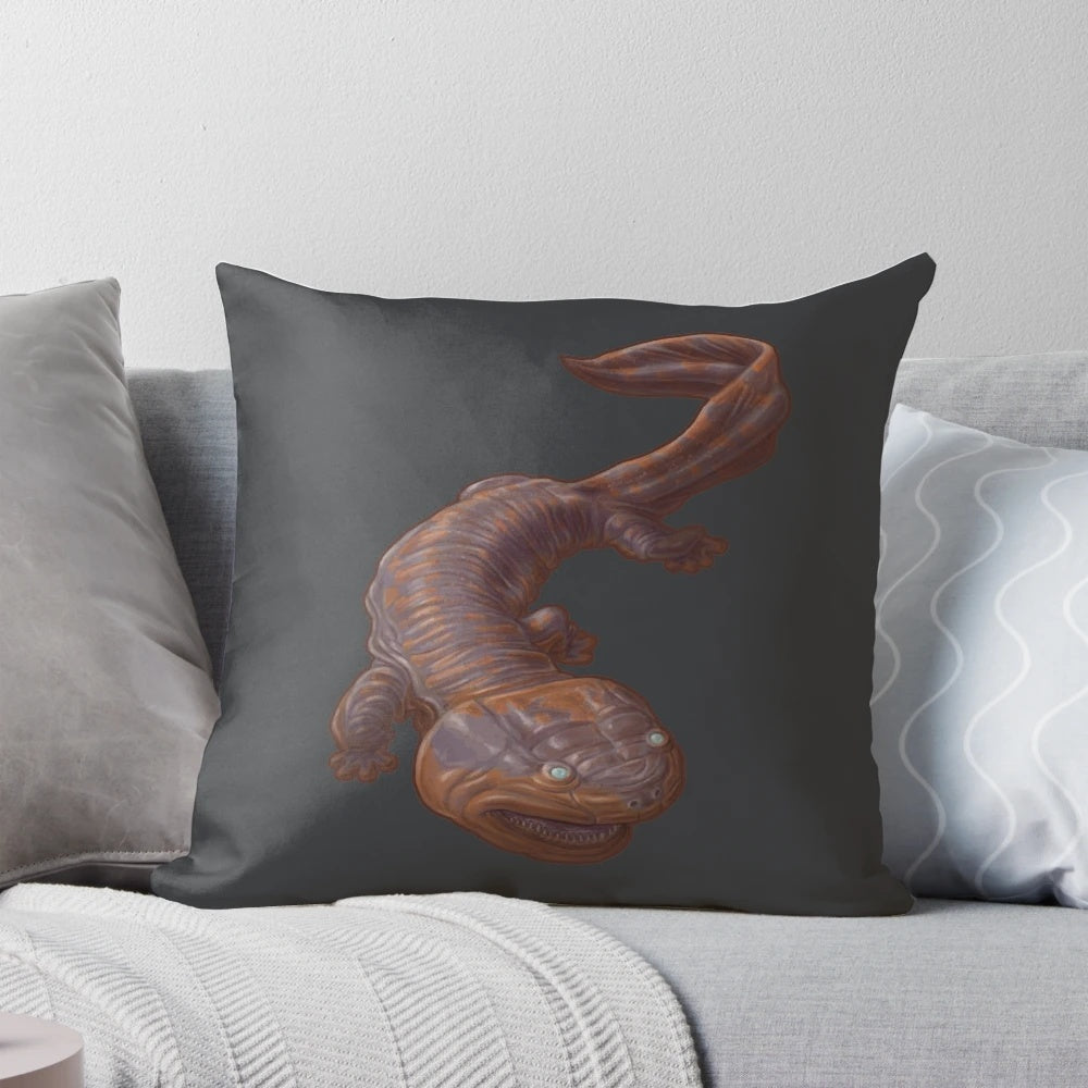 Pillow featuring a digital illustration of the extinct Koolasuchus cleelandi, a Cretaceous-era temnospondyl amphibian.