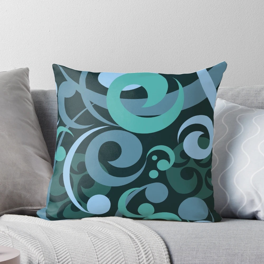 Koru waves design on a black background decorative pillow