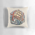 A decorative pillow featuring the legendary kraken, with tentacles swirling against a backdrop of waves and ships.