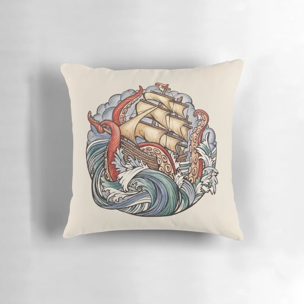 A decorative pillow featuring the legendary kraken, with tentacles swirling against a backdrop of waves and ships.
