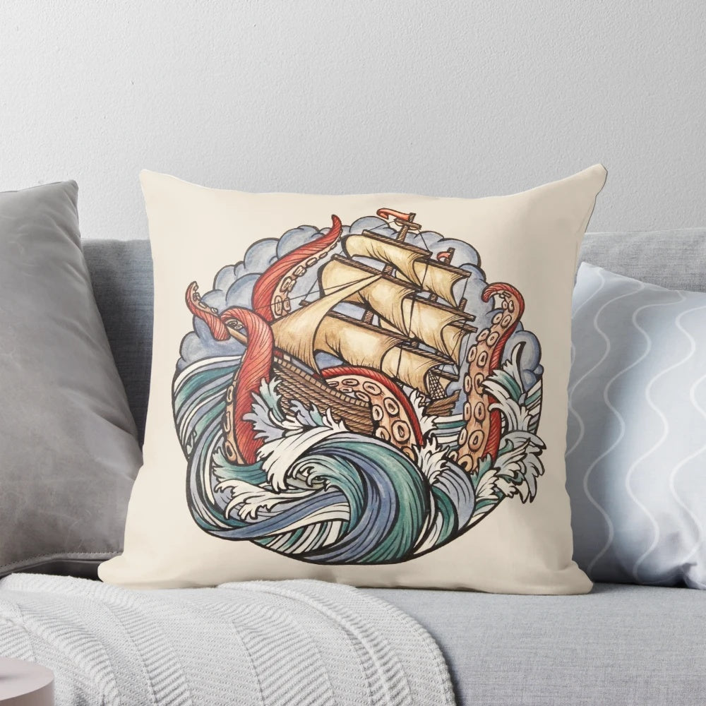 A decorative pillow featuring the legendary kraken, with tentacles swirling against a backdrop of waves and ships.