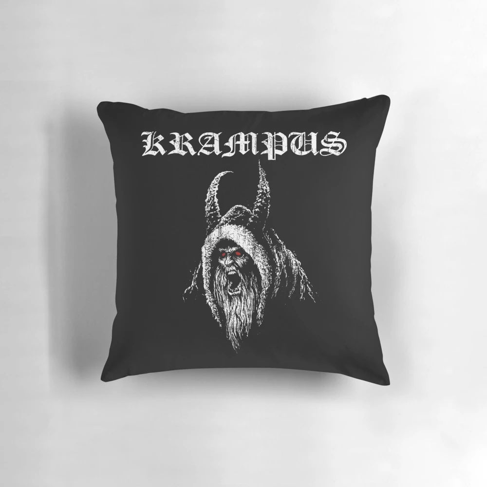 Krampus-themed pillow with a black metal album cover-inspired design featuring demonic imagery and holiday elements