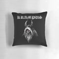 Krampus-themed pillow with a black metal album cover-inspired design featuring demonic imagery and holiday elements