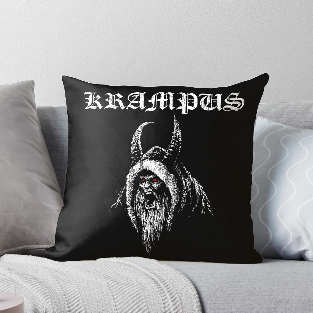 Krampus-themed pillow with a black metal album cover-inspired design featuring demonic imagery and holiday elements