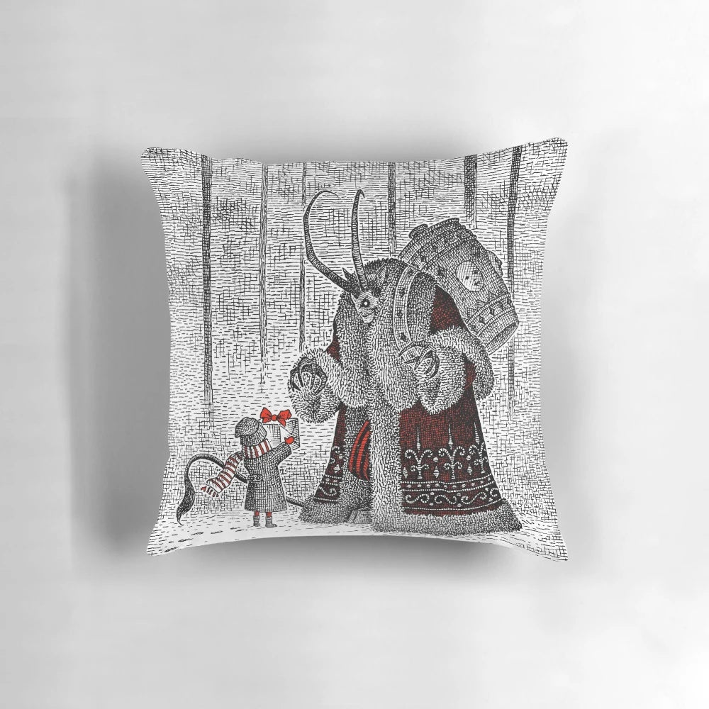 Vintage-inspired decorative pillow featuring the mythical Krampus creature for Gothic or horror-themed Christmas decor