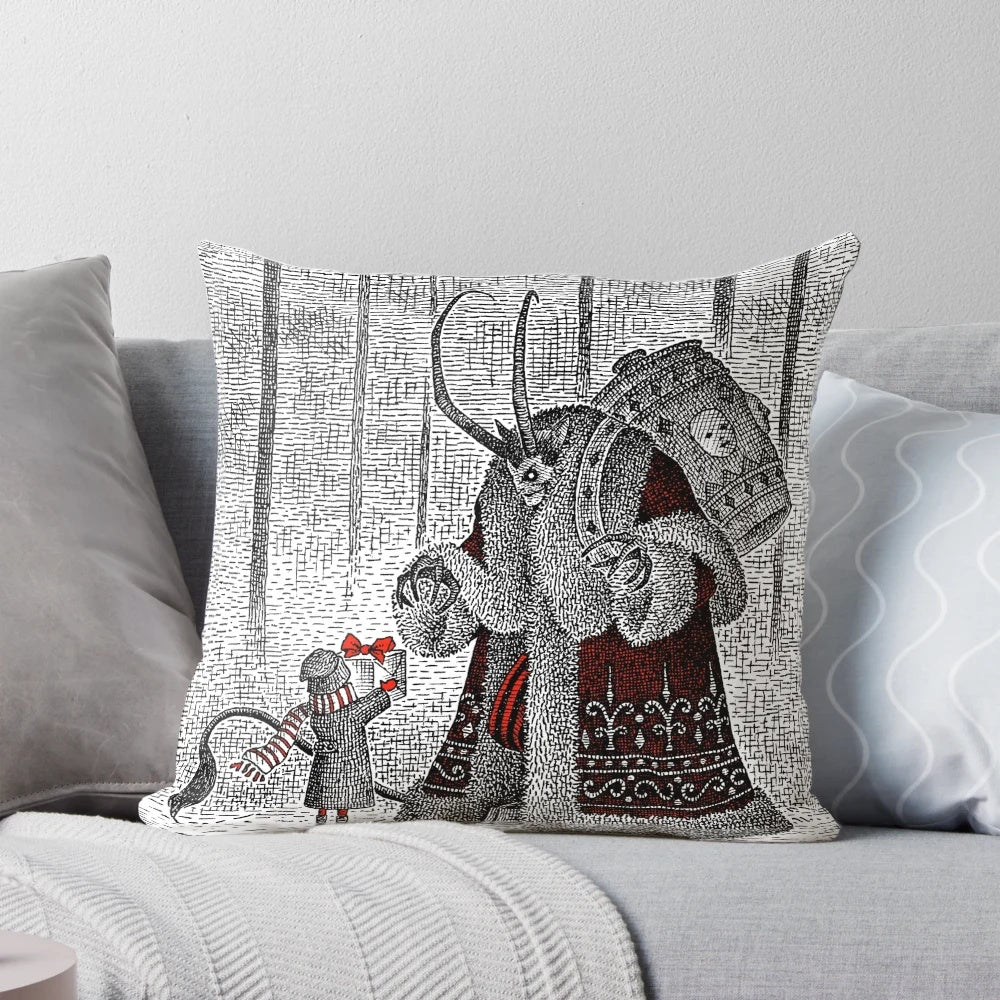 Vintage-inspired decorative pillow featuring the mythical Krampus creature for Gothic or horror-themed Christmas decor