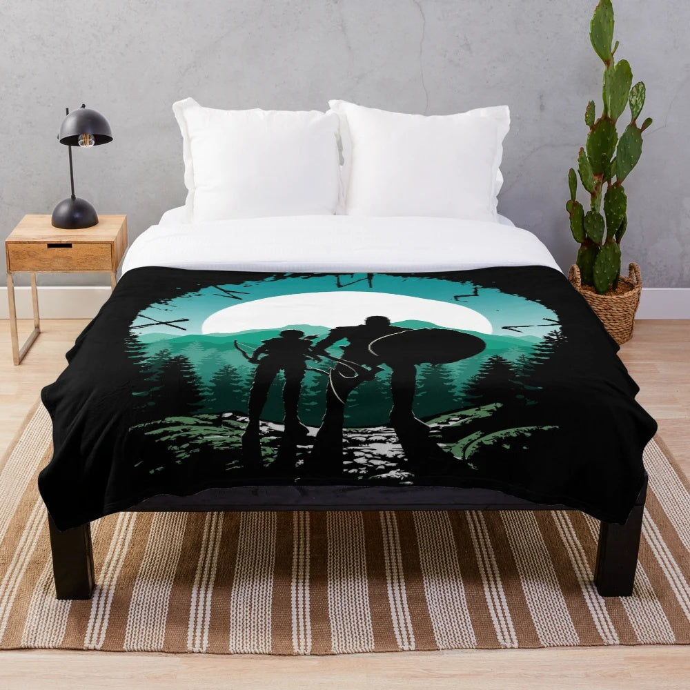Kratos and son from the God of War video game series on a plush blanket