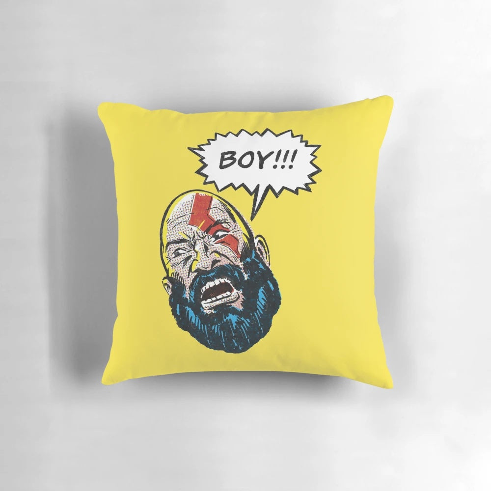 Vintage-style Kratos God of War fan art pillow with digital illustration