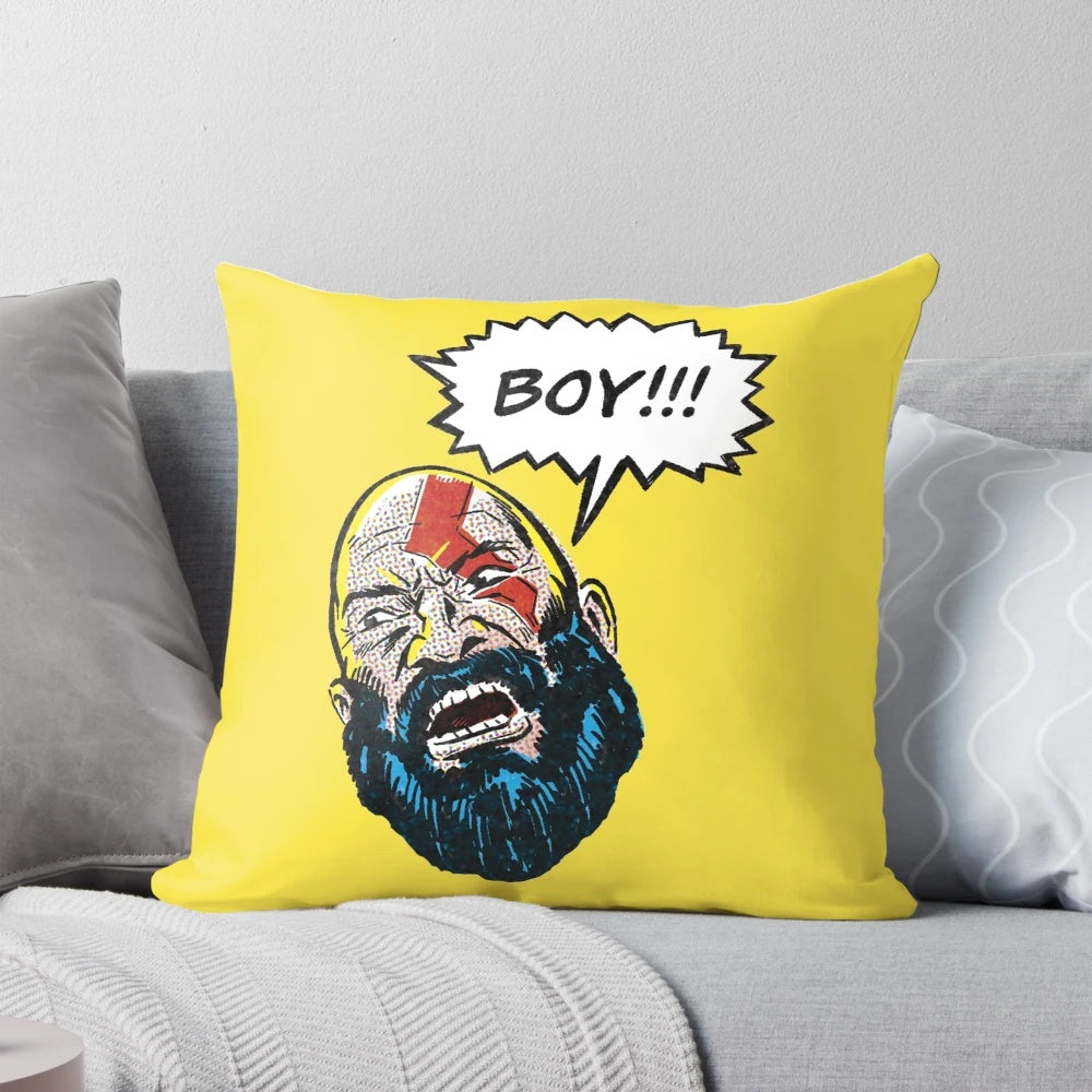 Vintage-style Kratos God of War fan art pillow with digital illustration