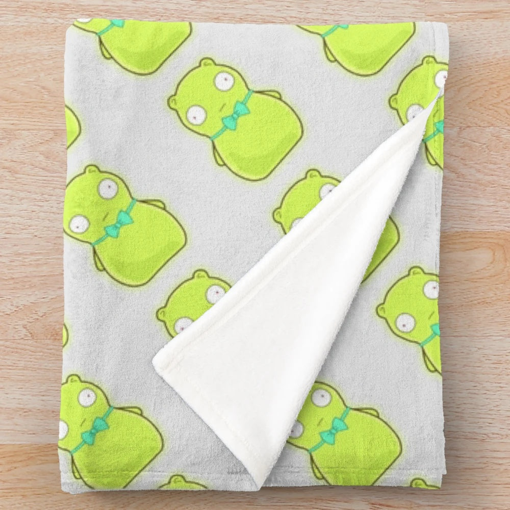 Kuchi Kopi inspired plush blanket featuring the iconic green character from the TV show Bobs Burgers
