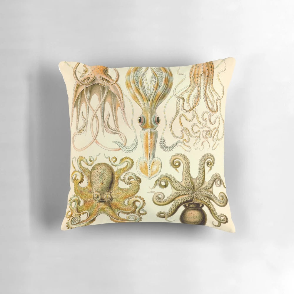 Ernst Haeckel inspired octopus and squid pillow featuring natural history art