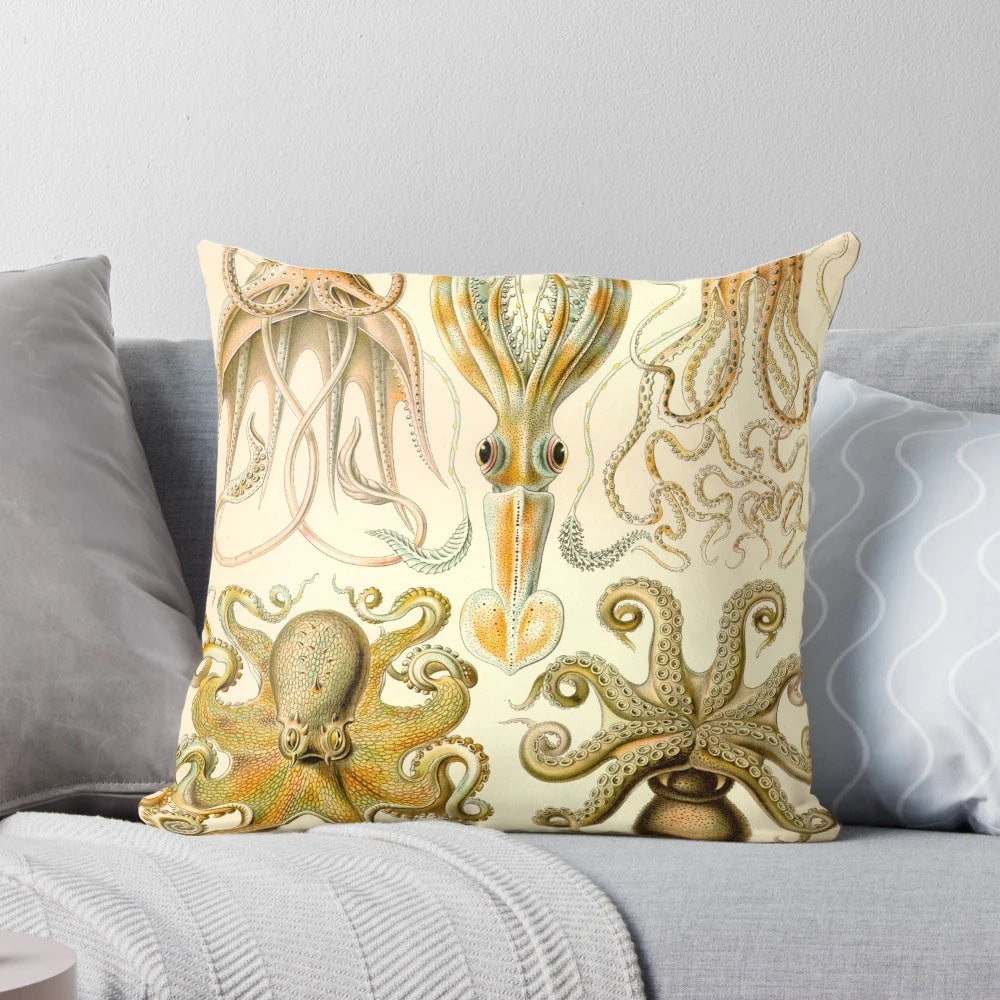 Ernst Haeckel inspired octopus and squid pillow featuring natural history art