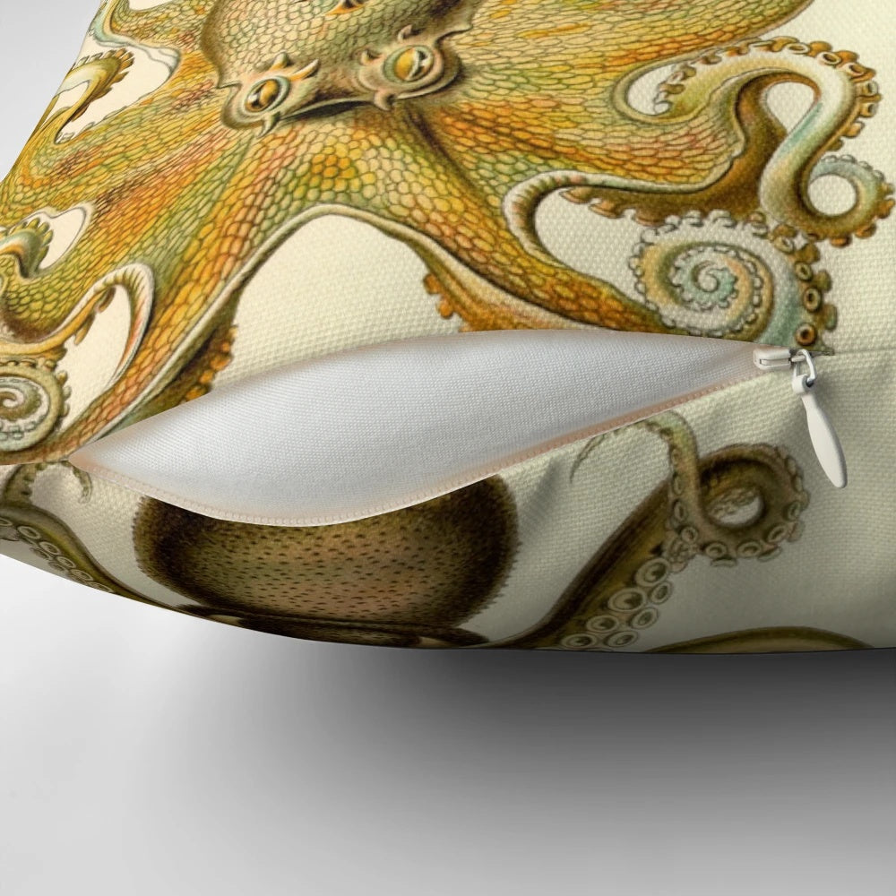 Ernst Haeckel inspired octopus and squid pillow featuring natural history art