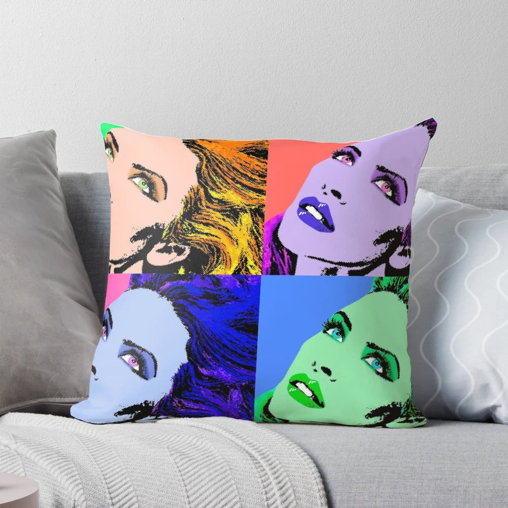 Kylie Minogue inspired pop collage design printed on a soft, plush pillow for home decor