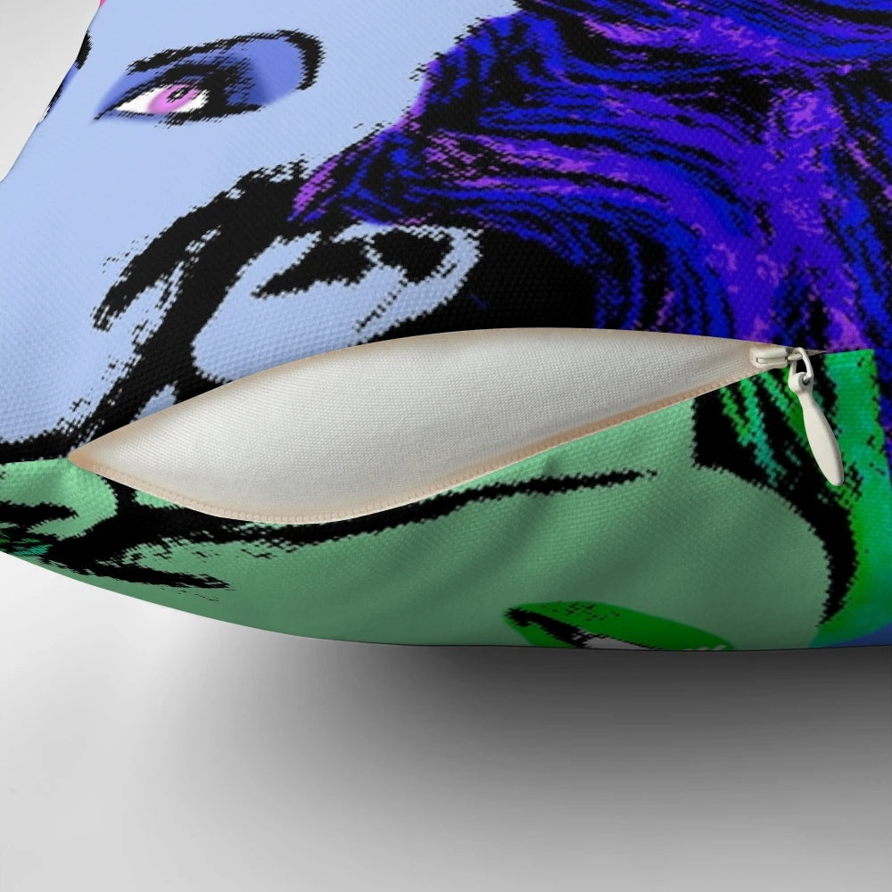 Kylie Minogue inspired pop collage design printed on a soft, plush pillow for home decor