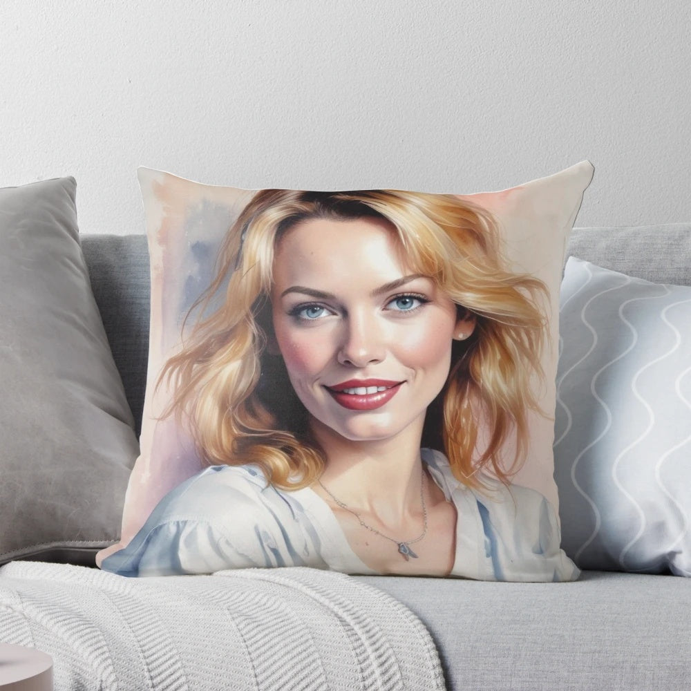 A plush, decorative pillow featuring the image of Australian singer and actress Kylie Minogue.