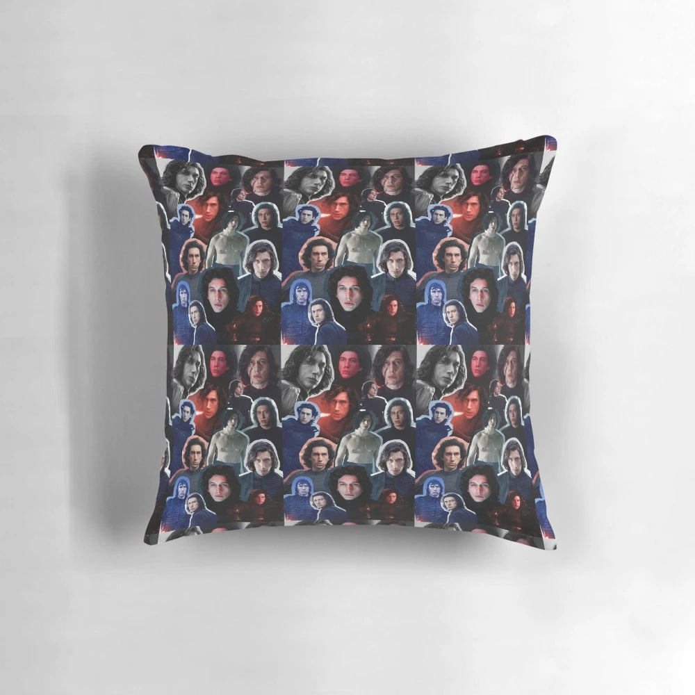 A collage edit pillow featuring Adam Driver as Ben Solo/Kylo Ren from the Star Wars franchise.