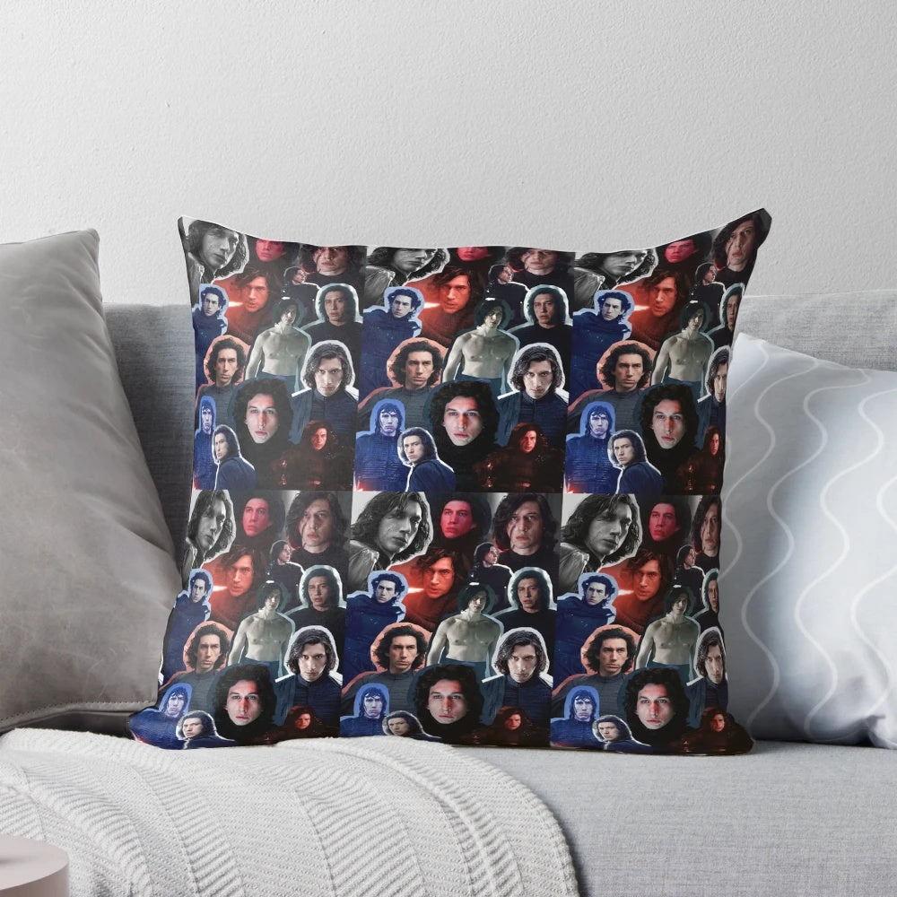 A collage edit pillow featuring Adam Driver as Ben Solo/Kylo Ren from the Star Wars franchise.