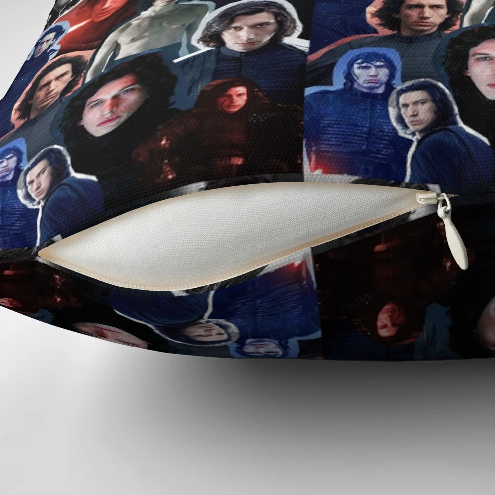 A collage edit pillow featuring Adam Driver as Ben Solo/Kylo Ren from the Star Wars franchise.