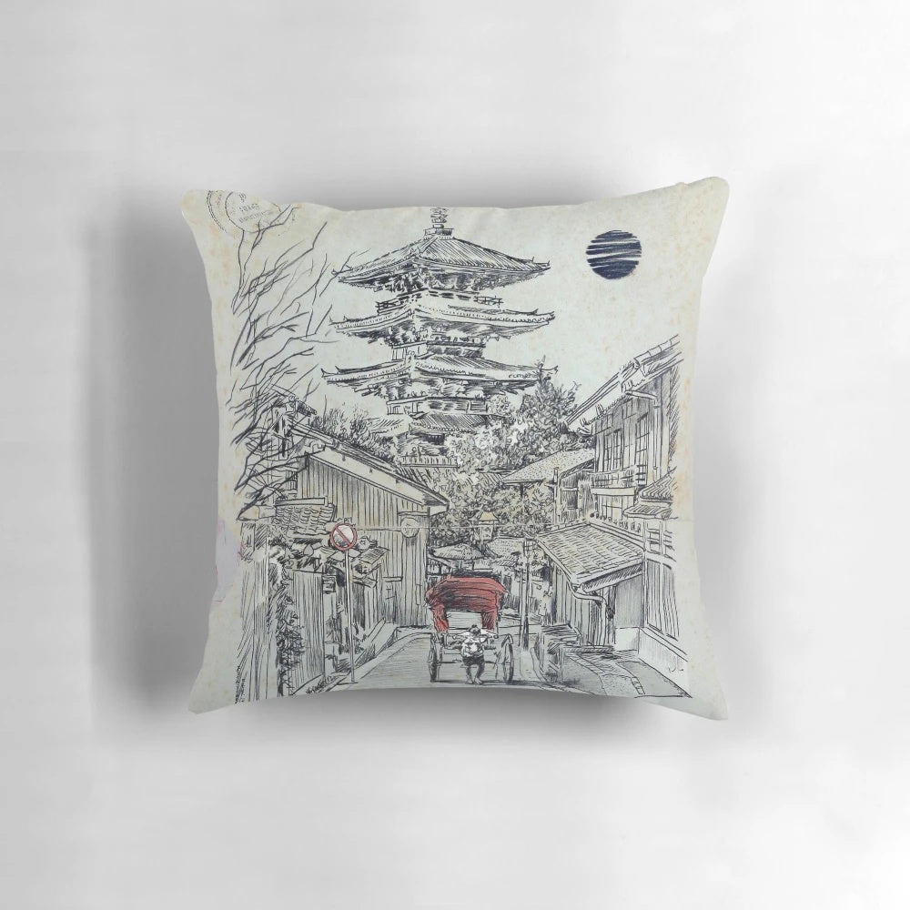 A cozy decorative pillow featuring a serene Kyoto landscape artwork design.