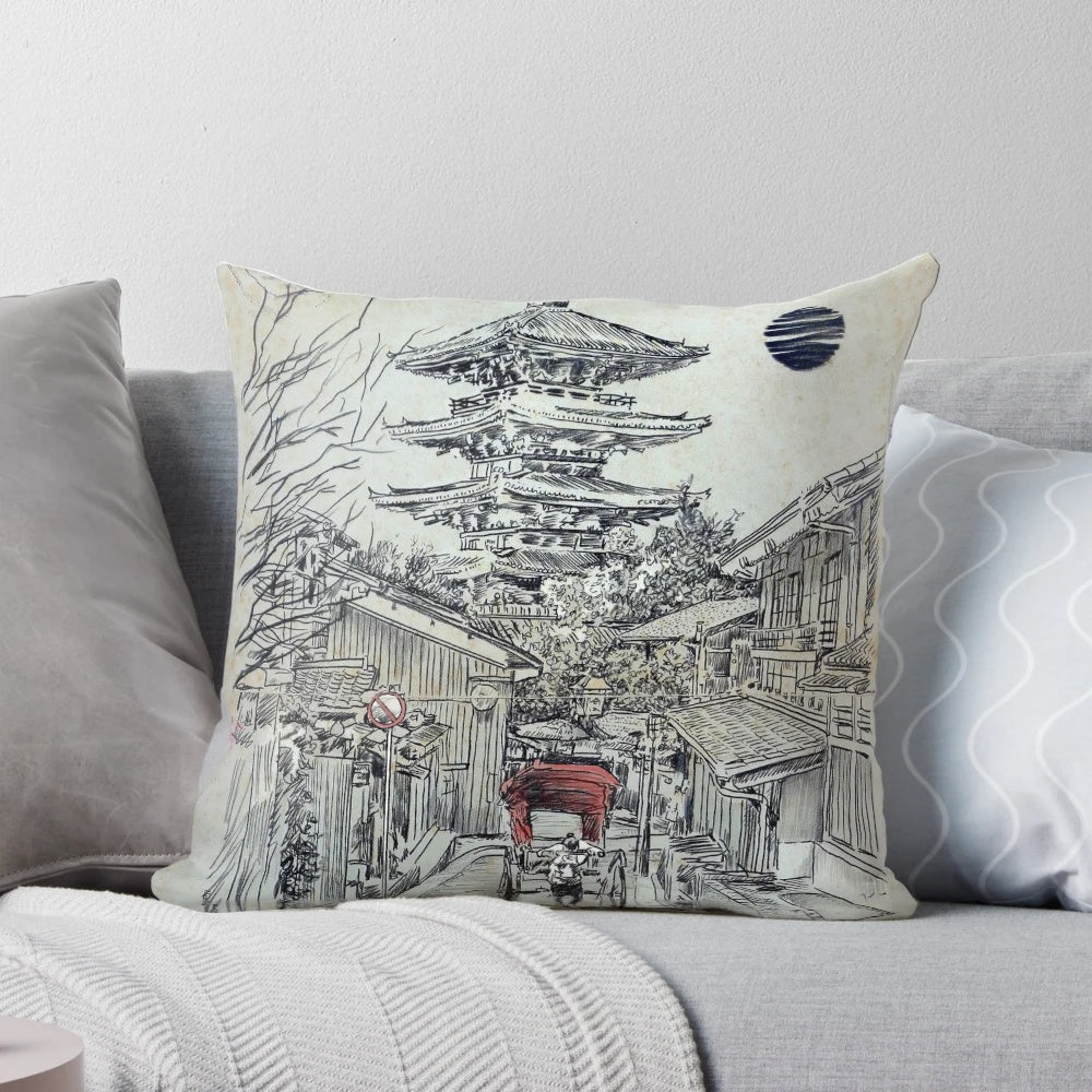 A cozy decorative pillow featuring a serene Kyoto landscape artwork design.