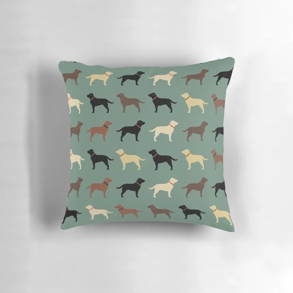 Labrador Retriever dog silhouette pattern pillow with chocolate, yellow, red, and black labs