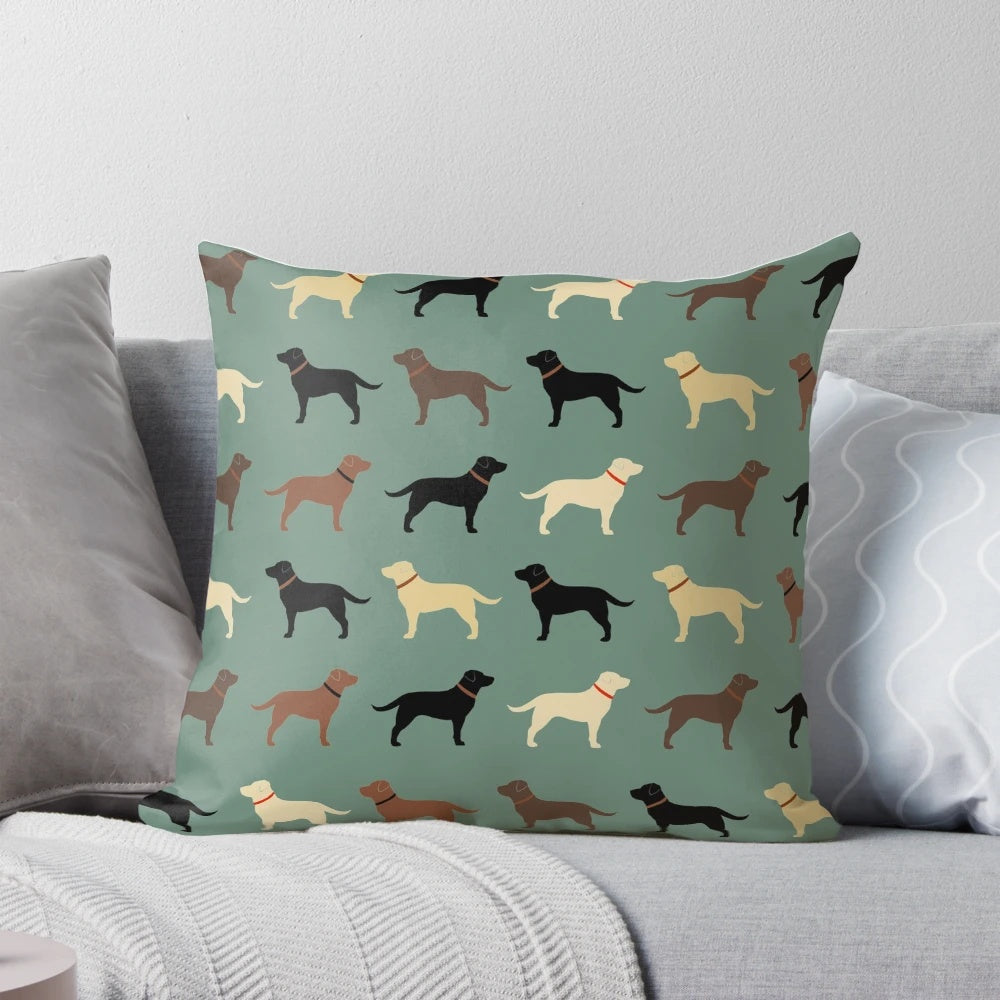 Labrador Retriever dog silhouette pattern pillow with chocolate, yellow, red, and black labs