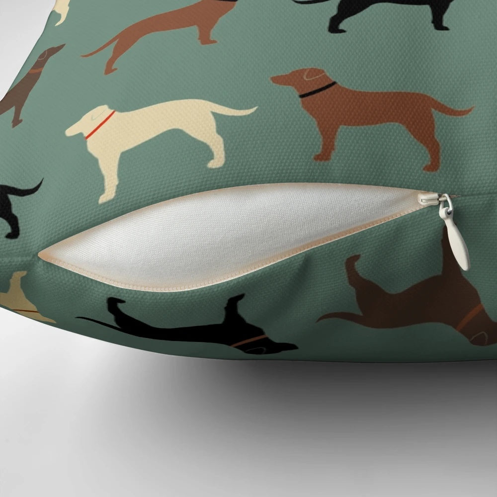 Labrador Retriever dog silhouette pattern pillow with chocolate, yellow, red, and black labs
