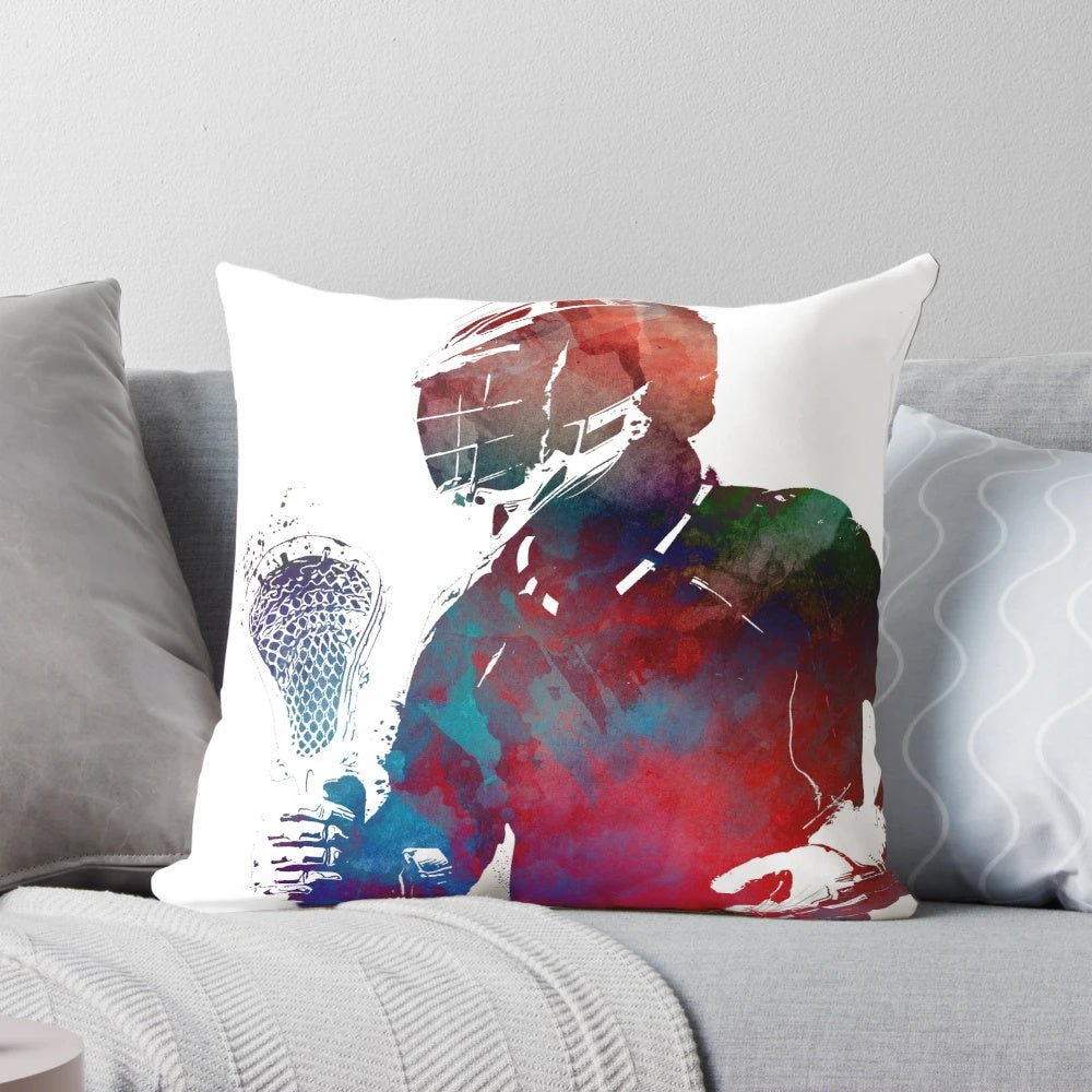 Vibrant watercolor illustration of a lacrosse player on a decorative throw pillow.