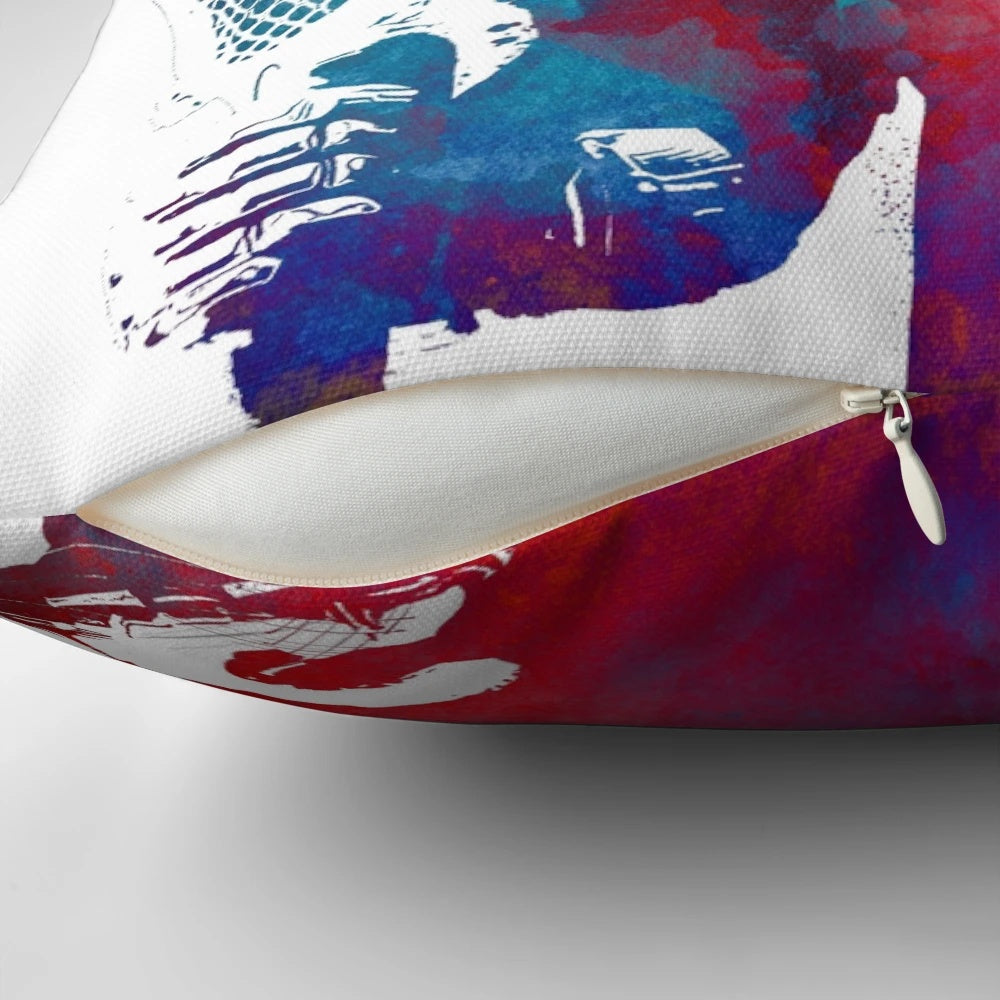 Vibrant watercolor illustration of a lacrosse player on a decorative throw pillow.