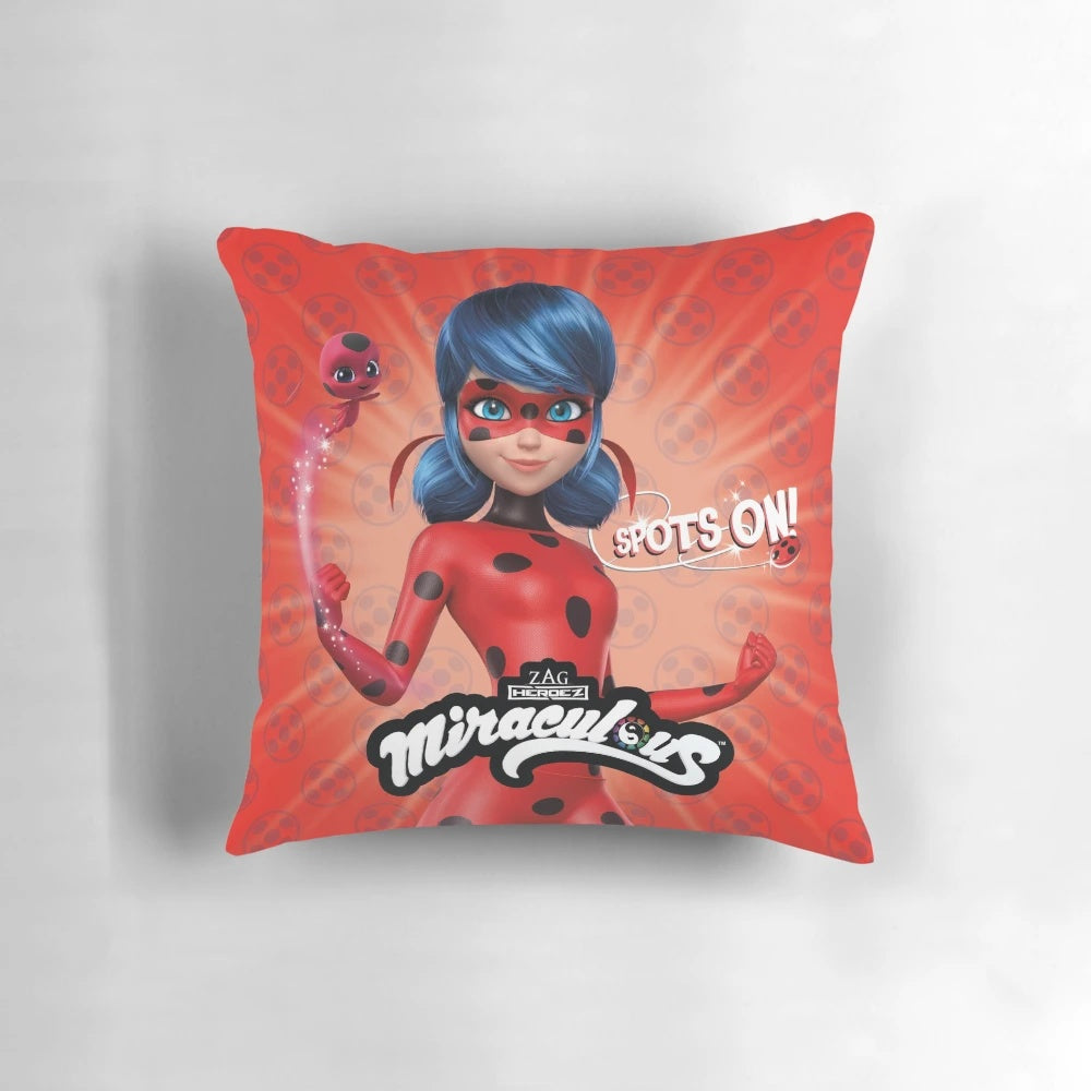 Miraculous Ladybug themed pillow with Ladybug's iconic red and black spotted design