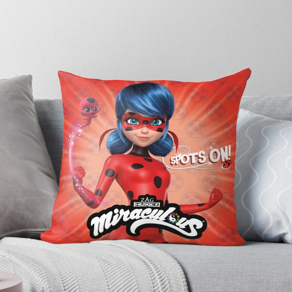 Miraculous Ladybug themed pillow with Ladybug's iconic red and black spotted design