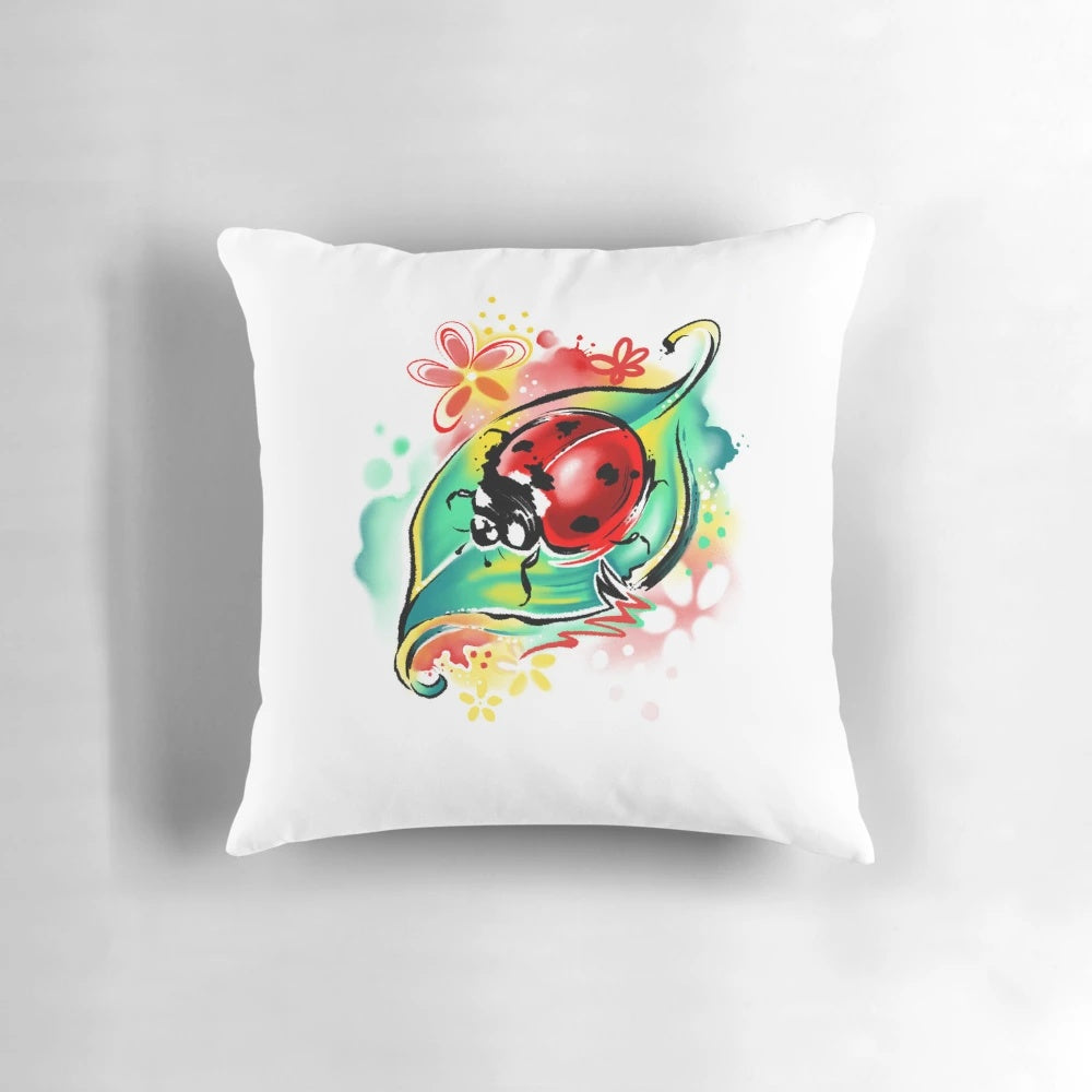 Decorative throw pillow featuring a cute, abstract watercolor ladybug on a leaf design.