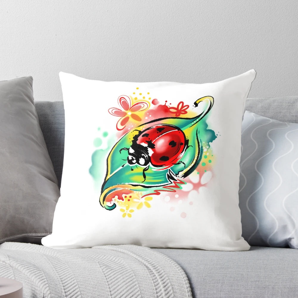 Decorative throw pillow featuring a cute, abstract watercolor ladybug on a leaf design.