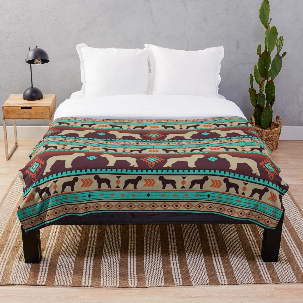 Lagotto Romagnolo dog breed plush blanket with bohemian tribal sunset pattern