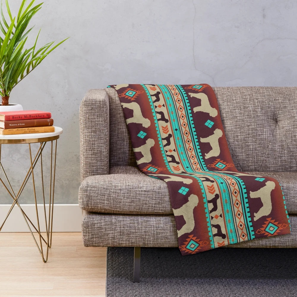 Lagotto Romagnolo dog breed plush blanket with bohemian tribal sunset pattern