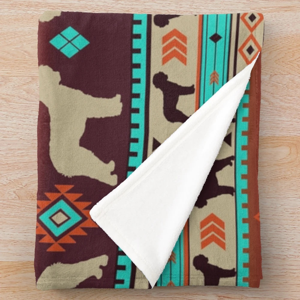 Lagotto Romagnolo dog breed plush blanket with bohemian tribal sunset pattern