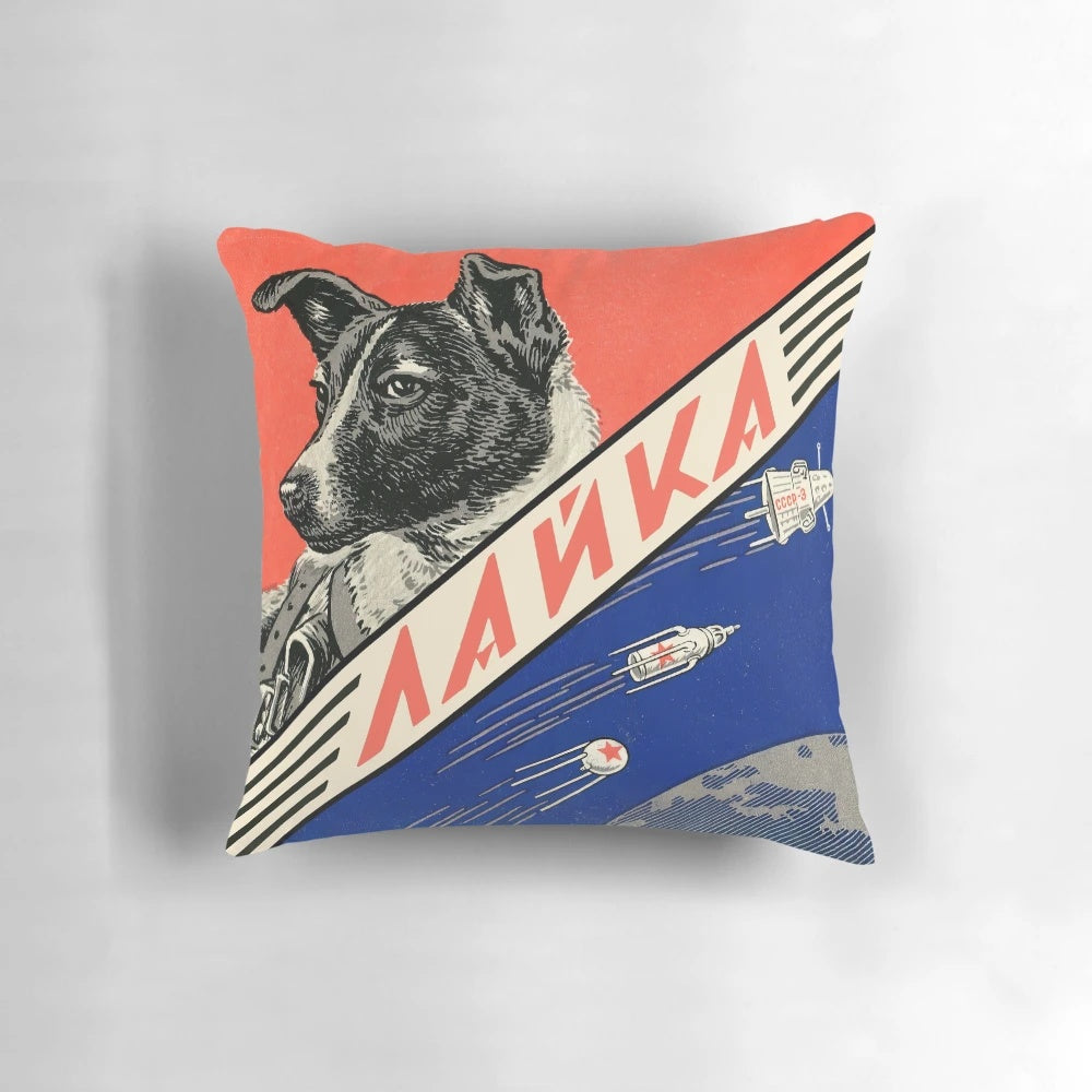 Pillow featuring a high-quality, restored vintage Soviet space poster with an image of Laika, the first dog in space.