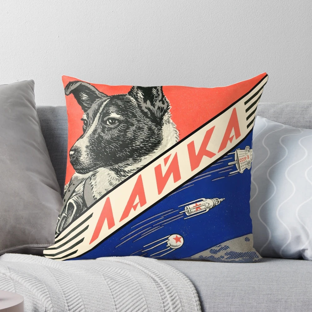 Pillow featuring a high-quality, restored vintage Soviet space poster with an image of Laika, the first dog in space.