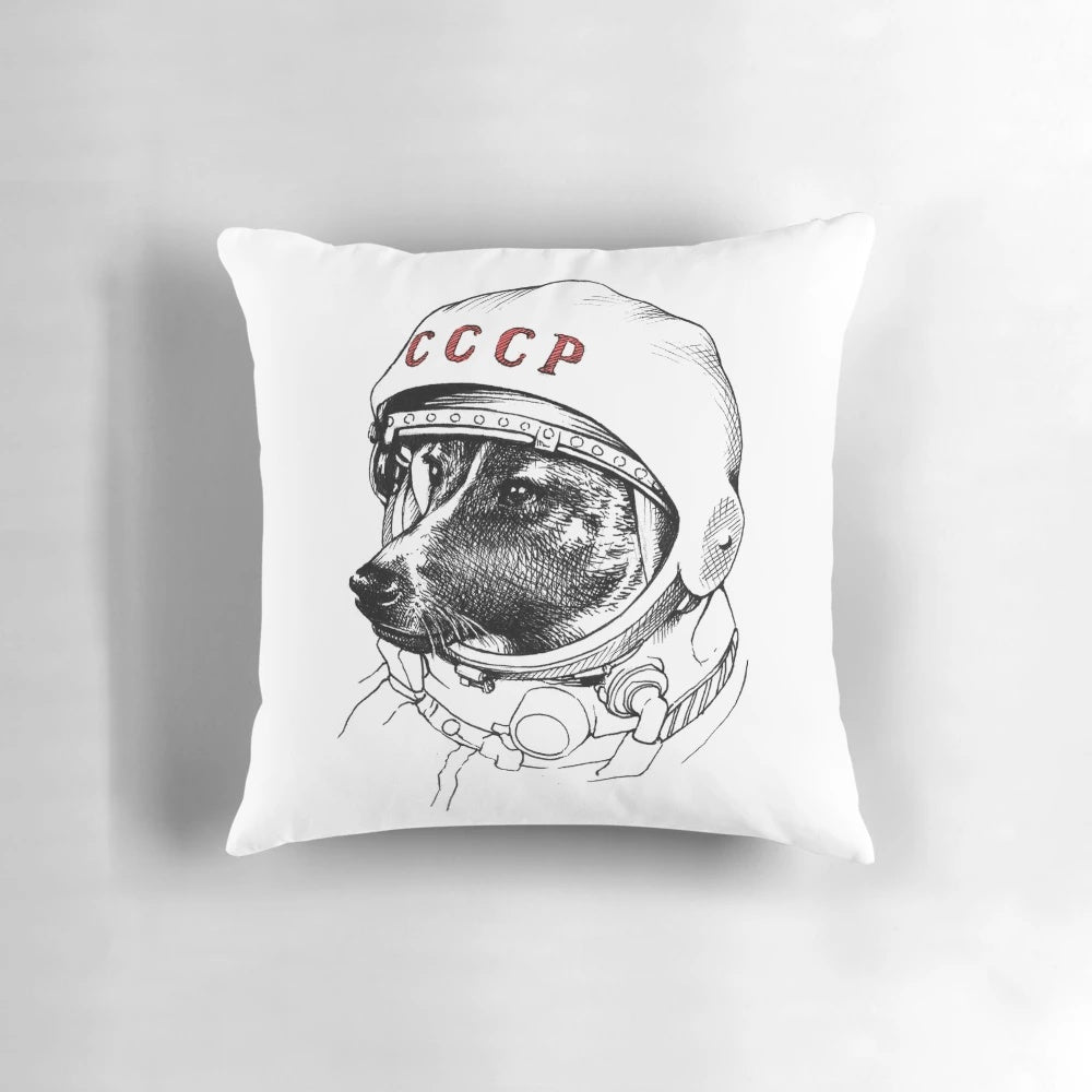 Illustration of Laika the famous Soviet space dog, floating in a starry cosmic background.