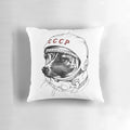 Illustration of Laika the famous Soviet space dog, floating in a starry cosmic background.